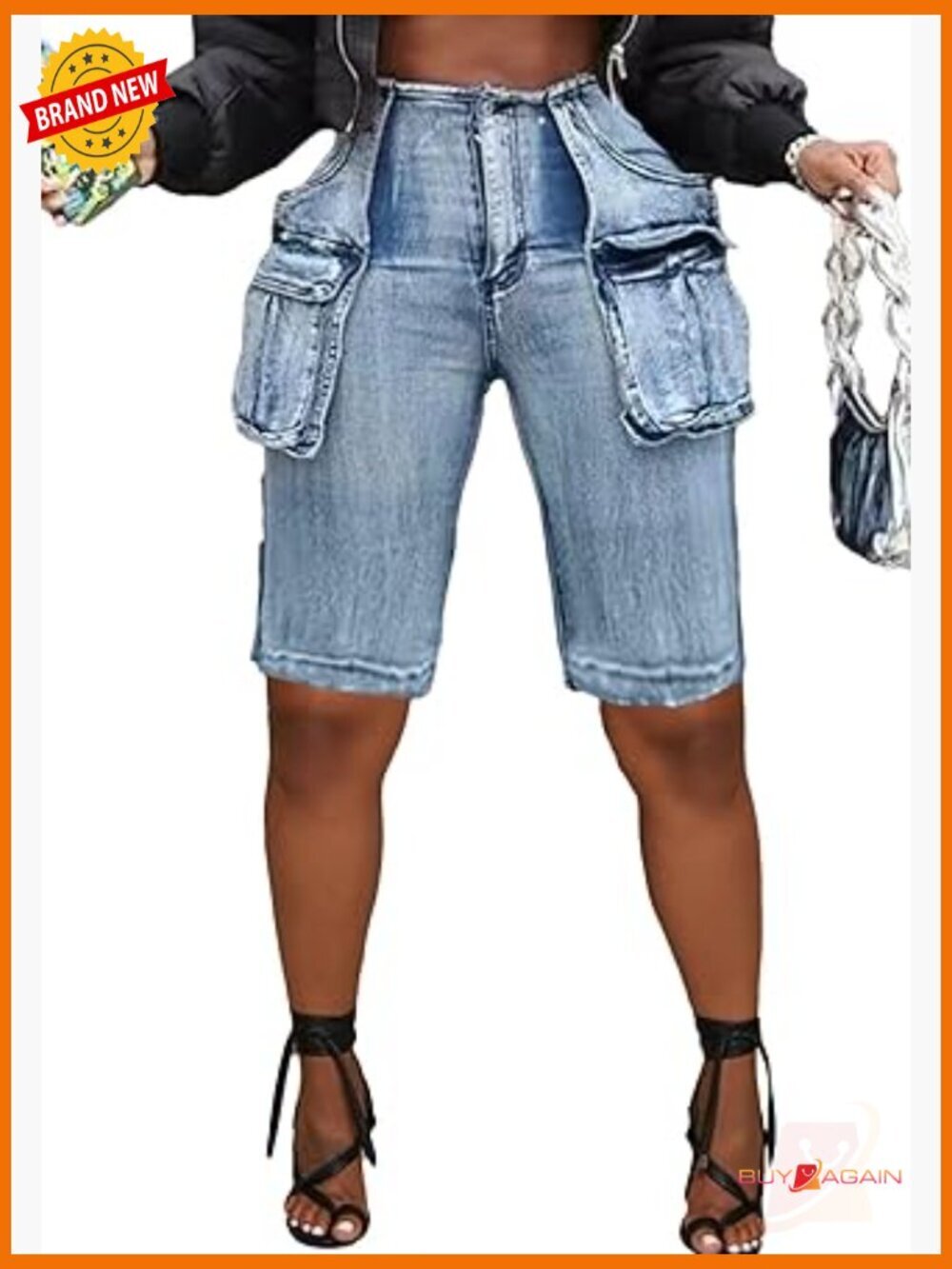 High Waisted Cargo Jean Shorts with Pockets - Knee Length Bermuda Denim Jorts